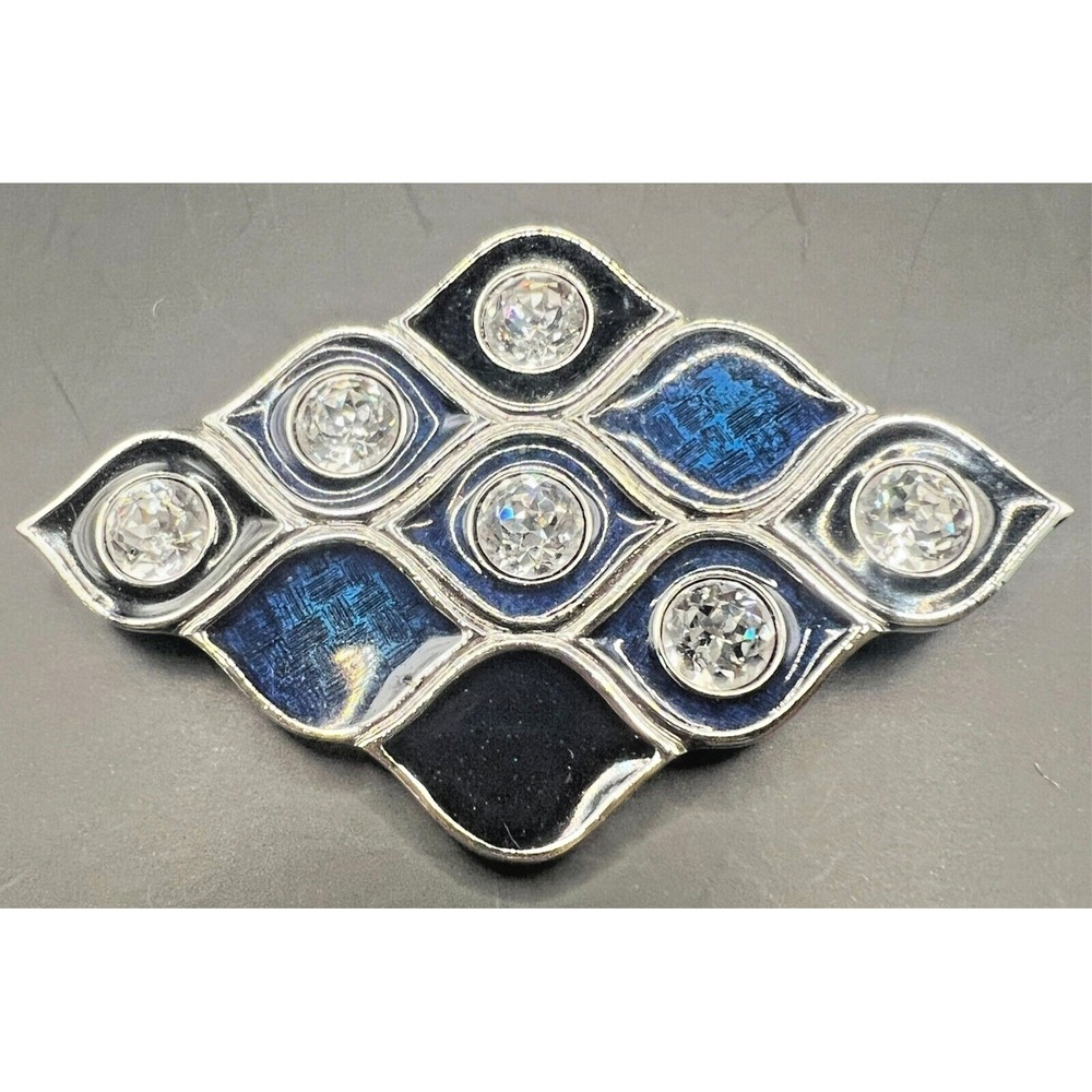Vintage Monet Black Navy Blue Enamel Silvertone Rhinestone Brooch Geometric 2.5"